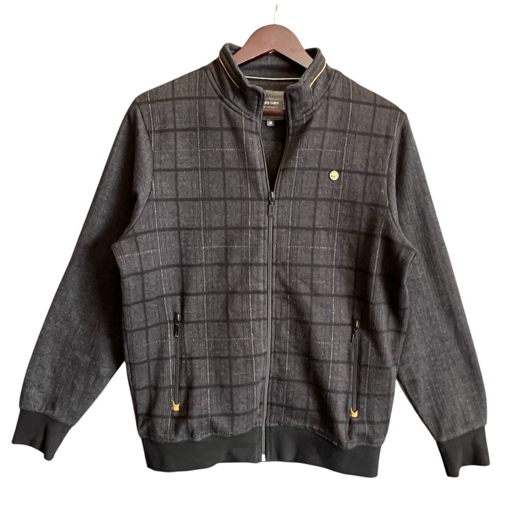 Monte Carlo Men’s Black & Gray Mock Neck Plaid Full Front Zip Knit Jacket Size M